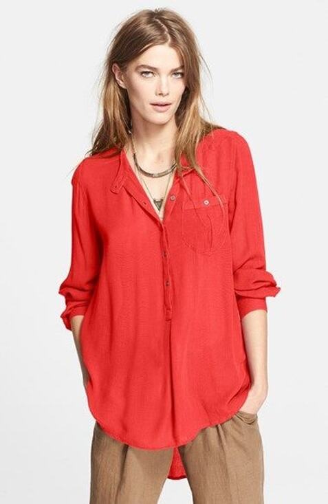 Free People Tops - Free People Boyfriend Button Down Gauzy Shirt Red Oversized Rayon Women XS